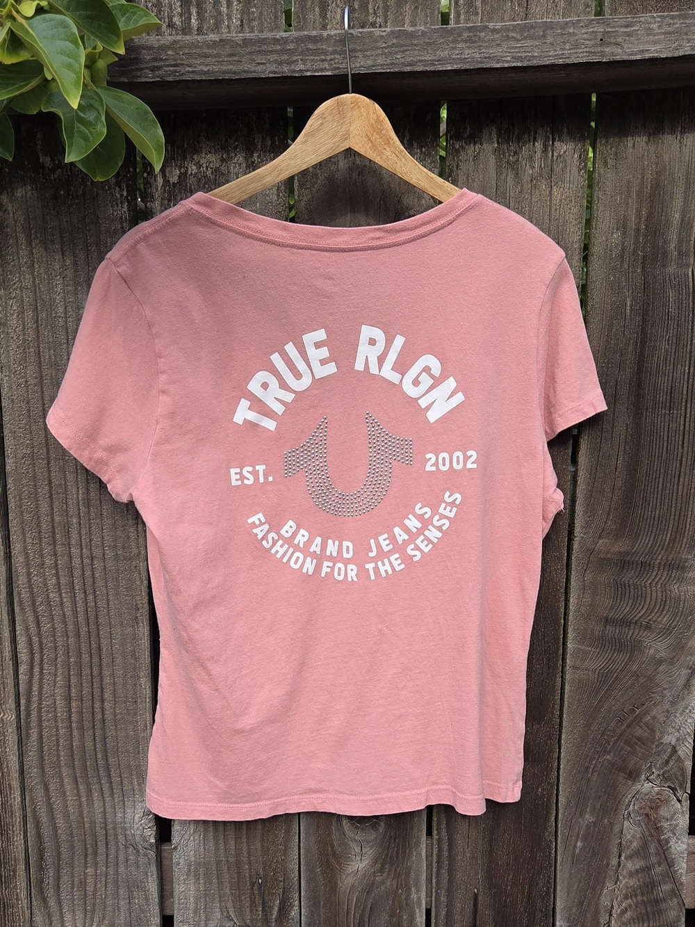Womens Rhinstone Pink New Religion T Shirt Size Large